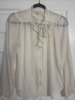 LOFT Ivory Tie-Neck Long Sleeve Blouse